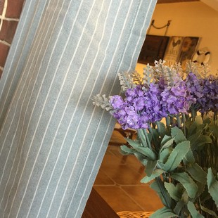 鸢尾乡旅a美式淡蓝色细条纹带蕾丝幔风水门帘柜门帘窗帘免打孔田