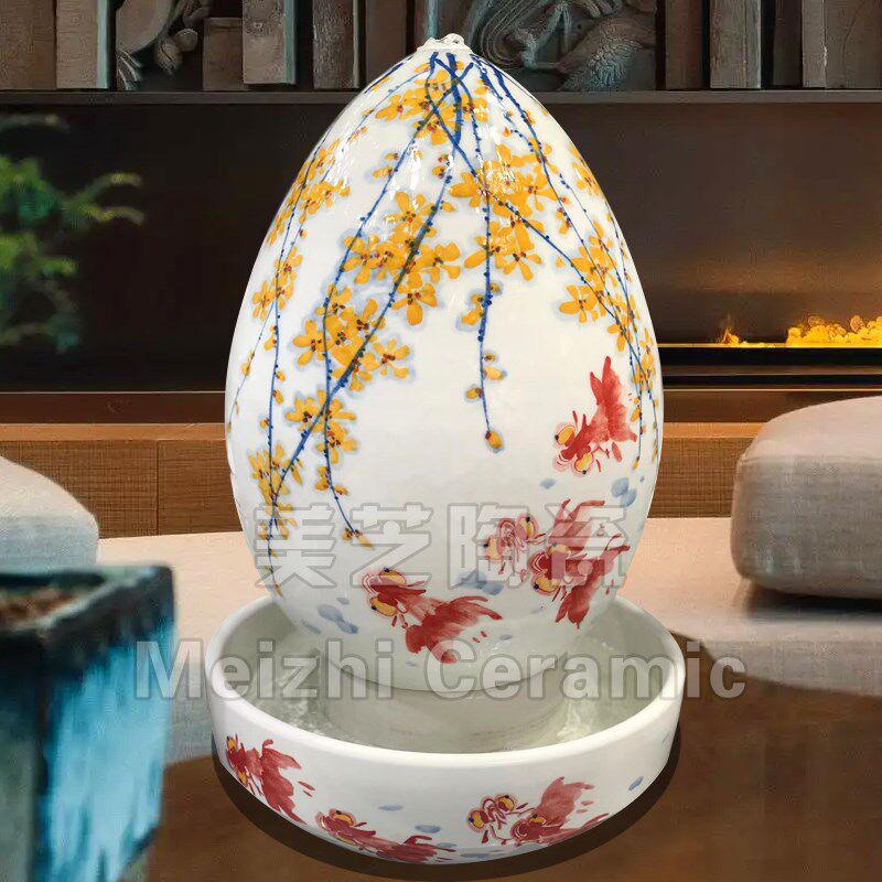 玄关手绘陶瓷加湿器花瓶鸿运当头流D水生财摆件循环水景陶罐喷泉