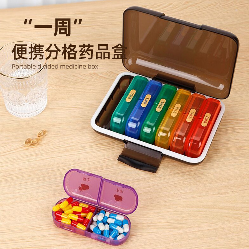 药盒一周七天便h携早晚药品分装盒一日三餐吃药提醒盒大容量分药图片