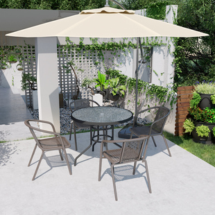 户外庭院露天室外花园桌椅带伞阳台E家用休闲塑料仿藤小椅子三件