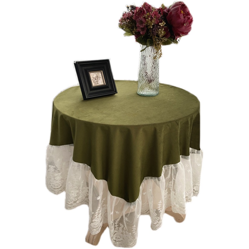 美式法式复古橄榄绿丝绒装饰蕾y丝桌布酒红金色盖布茶几孔雀蓝台