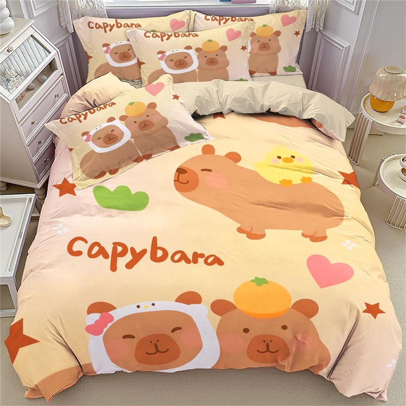 卡皮巴拉水豚儿童纯棉床上四件套全棉卡通床单Q被套床笠三件套可