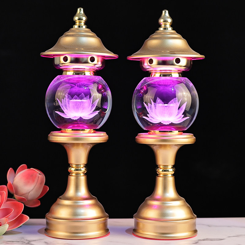 插电led水晶莲花灯七彩变色供灯长明灯祈愿灯 合金款家用节能佛灯