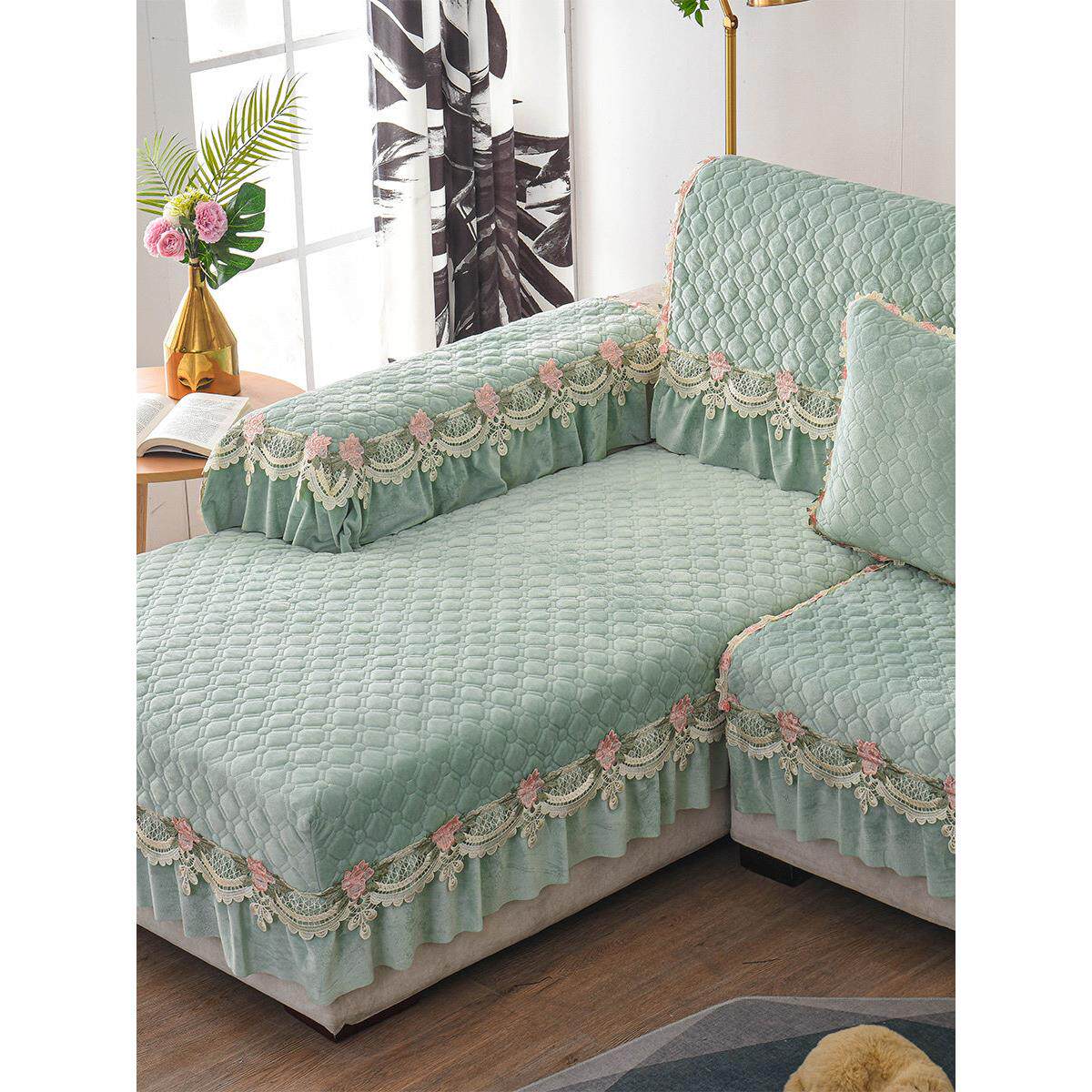 蕾丝沙发垫防滑冬天季加厚短毛绒珊瑚绒皮沙发套罩巾坐垫布艺全包