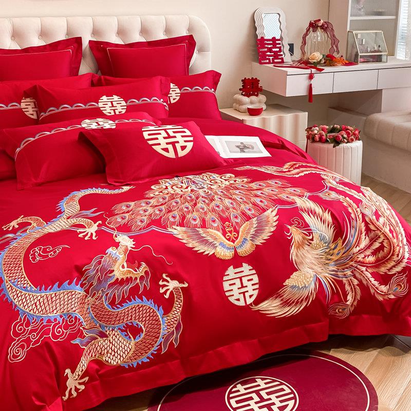 高档中式龙凤刺绣结婚四件套高级感红色被套新婚喜被婚庆床上用品