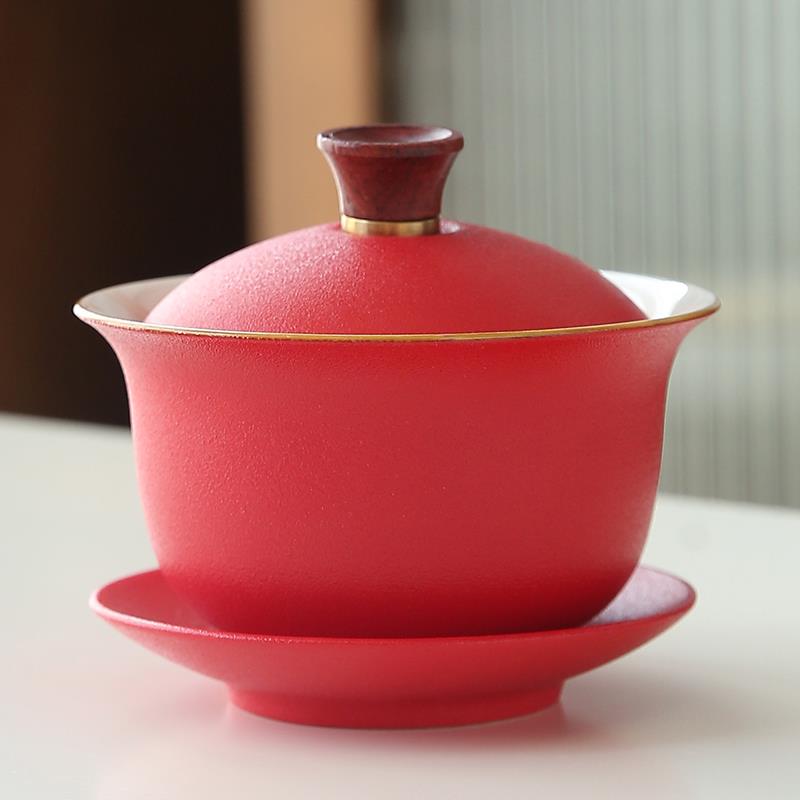 红色盖碗茶具结婚敬茶喜杯茶碗功夫陶瓷单个高档带盖改口三才茶杯