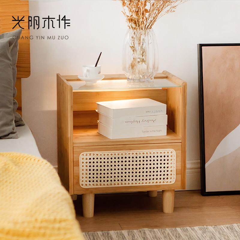 藤编床头柜简约现代卧室小型实木床边柜置物架超窄床头收纳储物柜