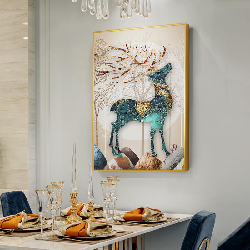 北欧入户玄关装饰画竖版麋鹿客厅沙发背景墙壁画轻奢晶瓷过道挂画