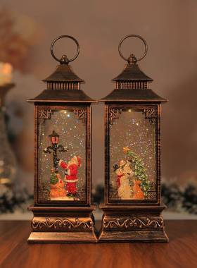 刷金雪人圣诞树水古灯LED乐水风灯黑刷金复手晶RRJ提小夜音灯摆件