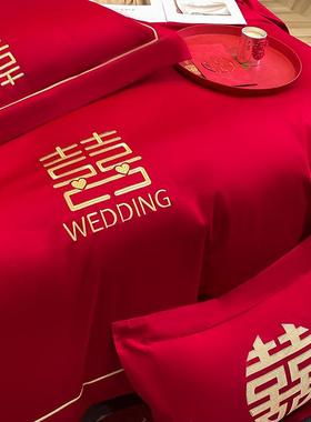 大红婚庆床上四件套被中式喜庆婚嫁绣全刺棉套MWT结婚陪嫁床上用