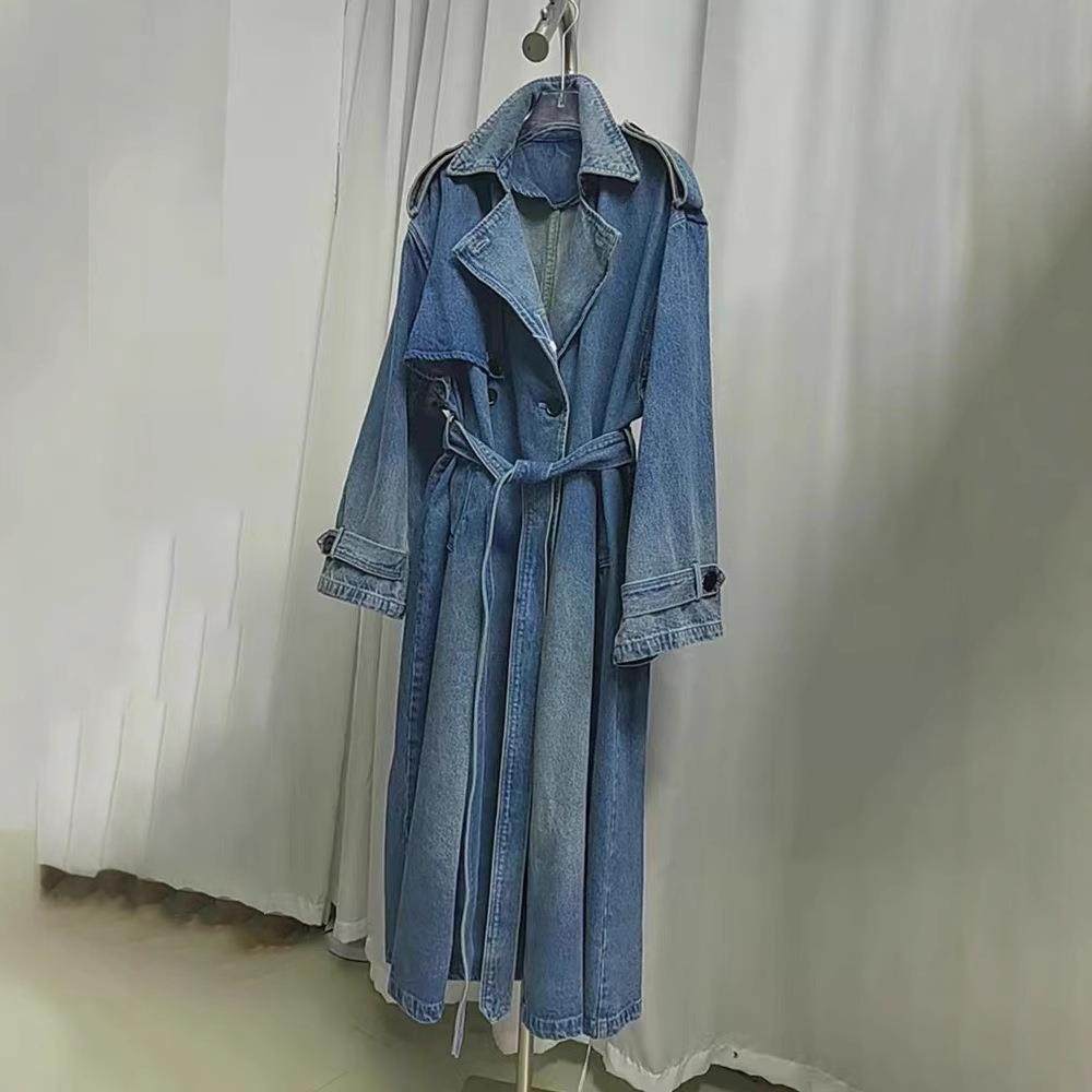 欧洗蓝色牛仔长款风衣外套女秋气质高级感复古休闲双排扣牛仔大衣