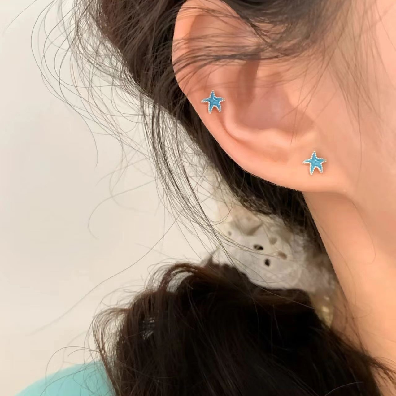 s925银针蓝色海星mini小耳钉精致养耳可爱百搭小众学生耳钉耳饰