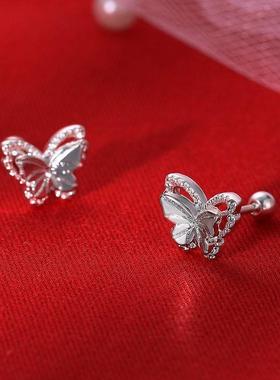 S925纯银耳钉螺旋耳钉蝴蝶耳饰新款2023小众拧螺丝森系ins螺丝扣