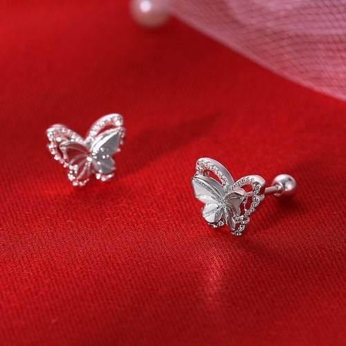 S925纯银耳钉螺旋耳钉蝴蝶耳饰新款2023小众拧螺丝森系ins螺丝扣