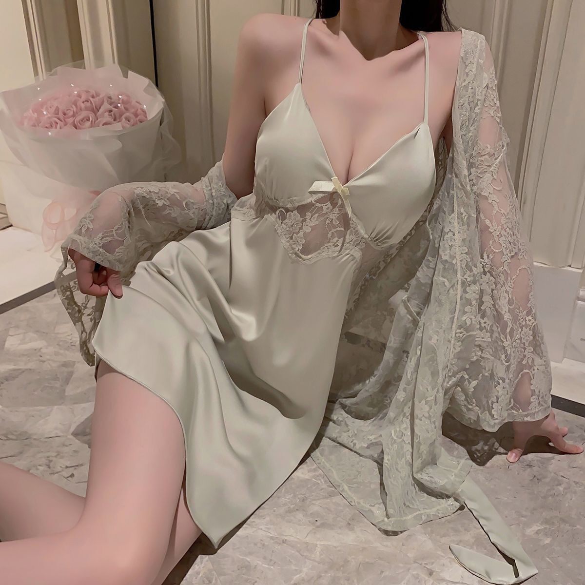 带胸性垫感睡衣女夏季202XHS件4冰丝新款薄款蕾丝吊带睡家裙两套