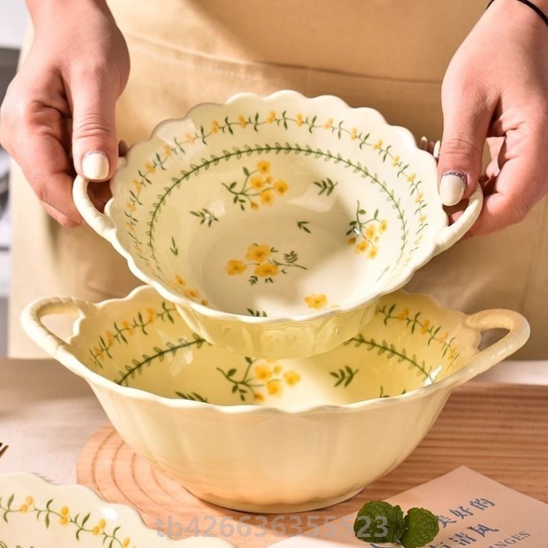 小清新陶瓷饭碗双耳大汤碗家用新款高颜值餐具耳朵碗双耳面碗汤碗