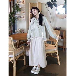 速发大裙森系汉元素棉麻2024春装新款小个子蕾丝两半身码边件套