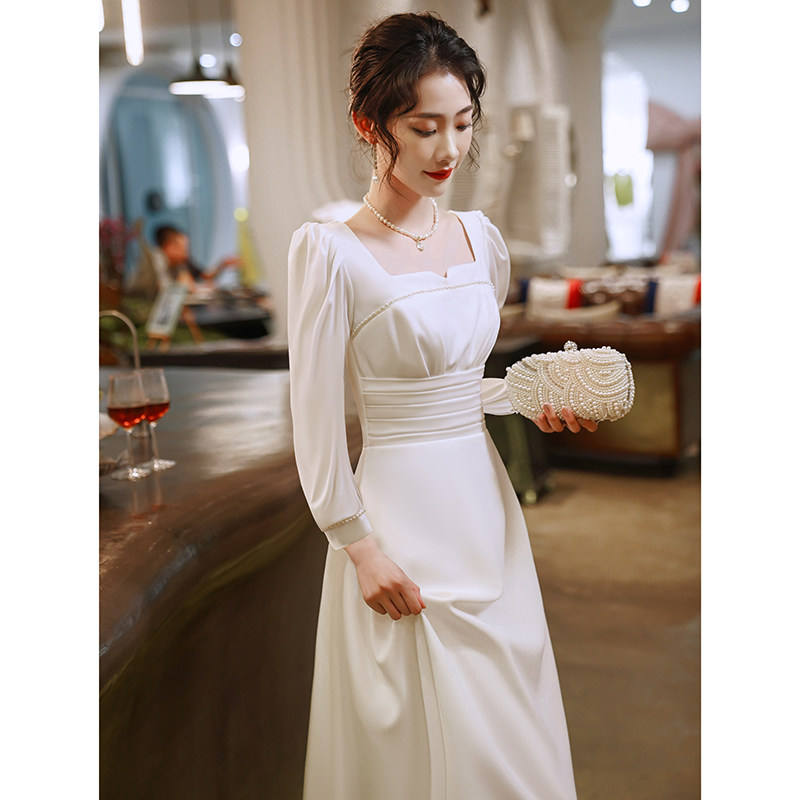 速发白色小装礼服平时婚穿正式场合法式小洋晚连衣裙派对冬订可小