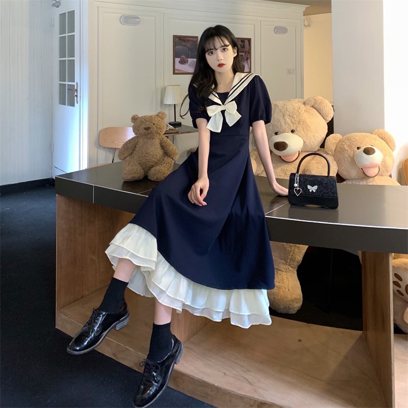 速发甜美蝴蝶结海军领学院风丽裙子夏洛大码荷叶边季长塔连衣裙