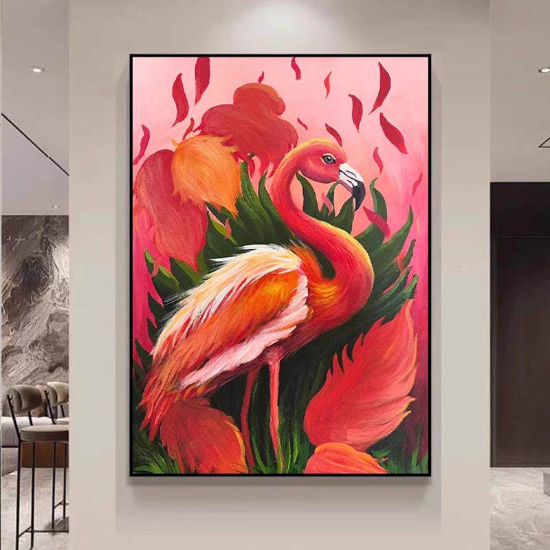 速发红色火烈鸟动物油画风入户玄关客厅装饰画艺术高级感正对门挂
