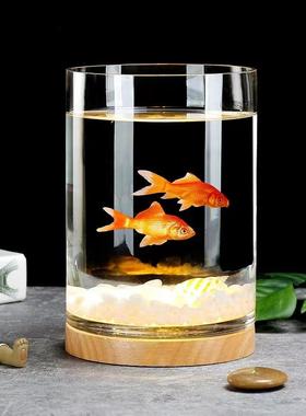 加厚孔雀璃鱼缸办公桌面玻型形圆小创意斗金鱼CFH缸客厅夜灯迷你