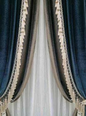 美墅式法262式进口丝绒蓝色客厅高高档大气卧室轻奢端欧式帘别窗