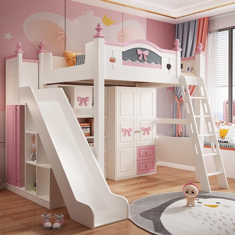 上床下桌上下铺木床儿童女孩公主床带书桌衣柜一体多功能组合床