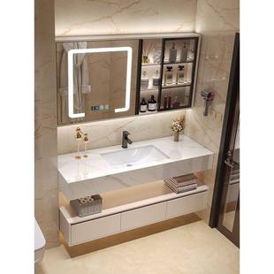 奶油现代简约岩风板瓷无缝卫生间洗漱台洗陶手洗脸池浴室柜组644