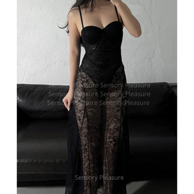 透视黑色法式性感高衩裙