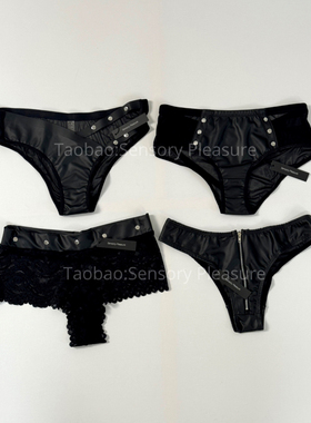 SensoryPleasure高级性感PU皮黑色野性透视网纱三角裤蕾丝舒服女