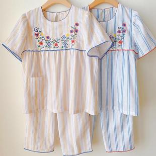 短袖 七分裤 睡衣女夏季 棉纱布圆领套头全棉可外穿家居服套装