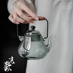 透黑梨形玻璃黑檀木提梁壶 清欢 电陶炉煮茶壶家用泡茶壶烧水壶