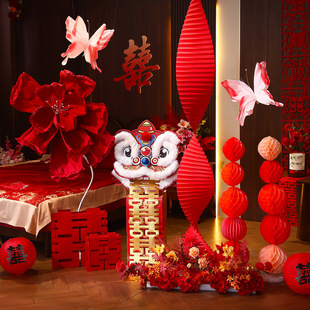 结婚装饰狮子头婚房布置醒狮摆件男女方婚礼新房客厅晨袍拍照道具