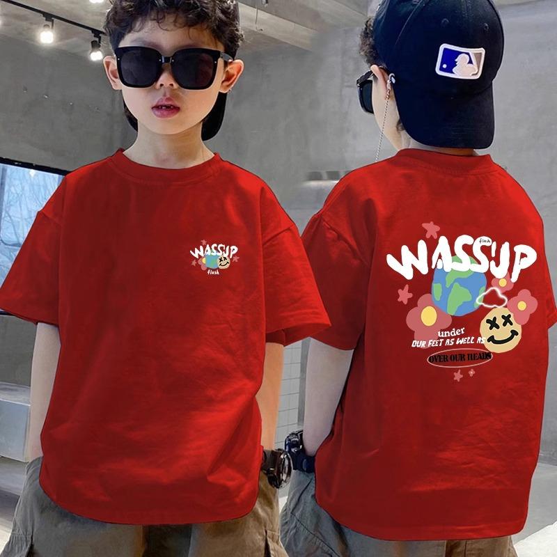 wassup男童纯棉短袖t恤2025新款儿童蛇年本命年衣服红色半袖上衣