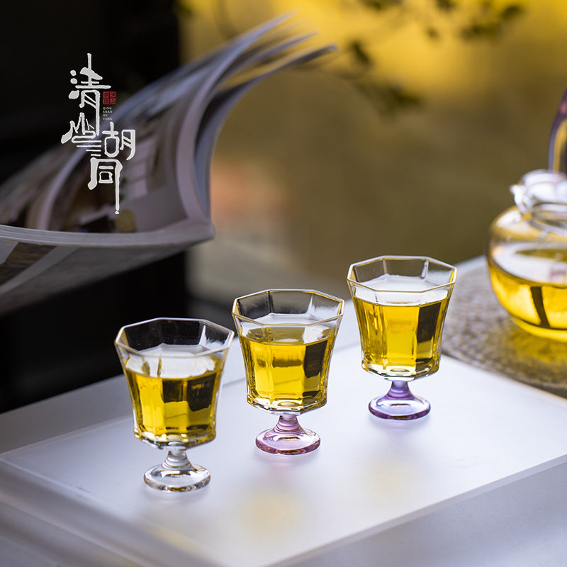 清山胡同中式玻璃高脚茶杯单杯家用复古高硼硅茶具主人杯白酒杯子