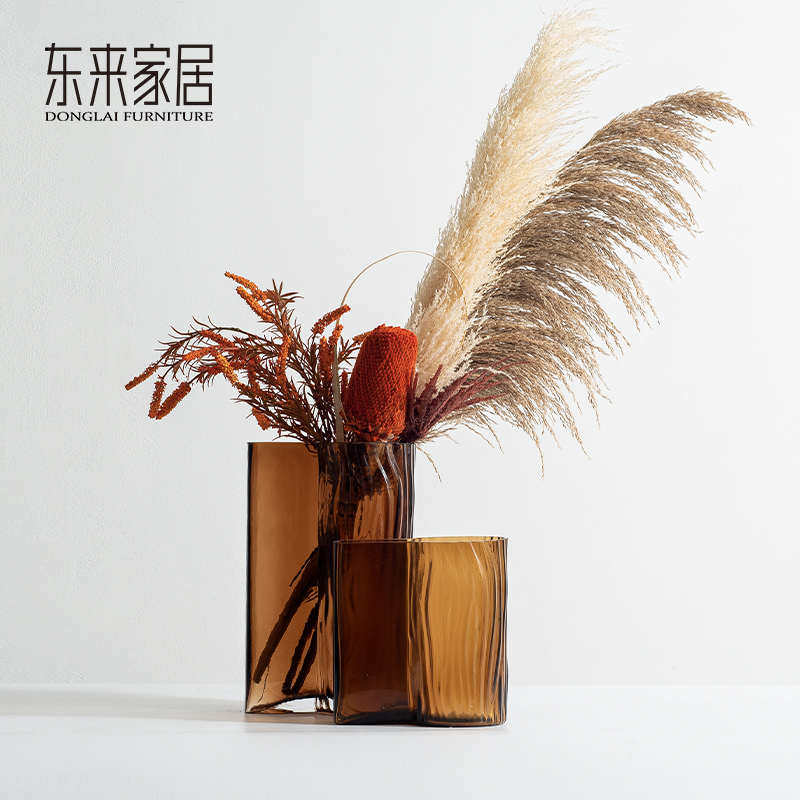 新疆包邮现代轻奢茶色玻璃花瓶花束样板间装饰感干花高级摆设客厅