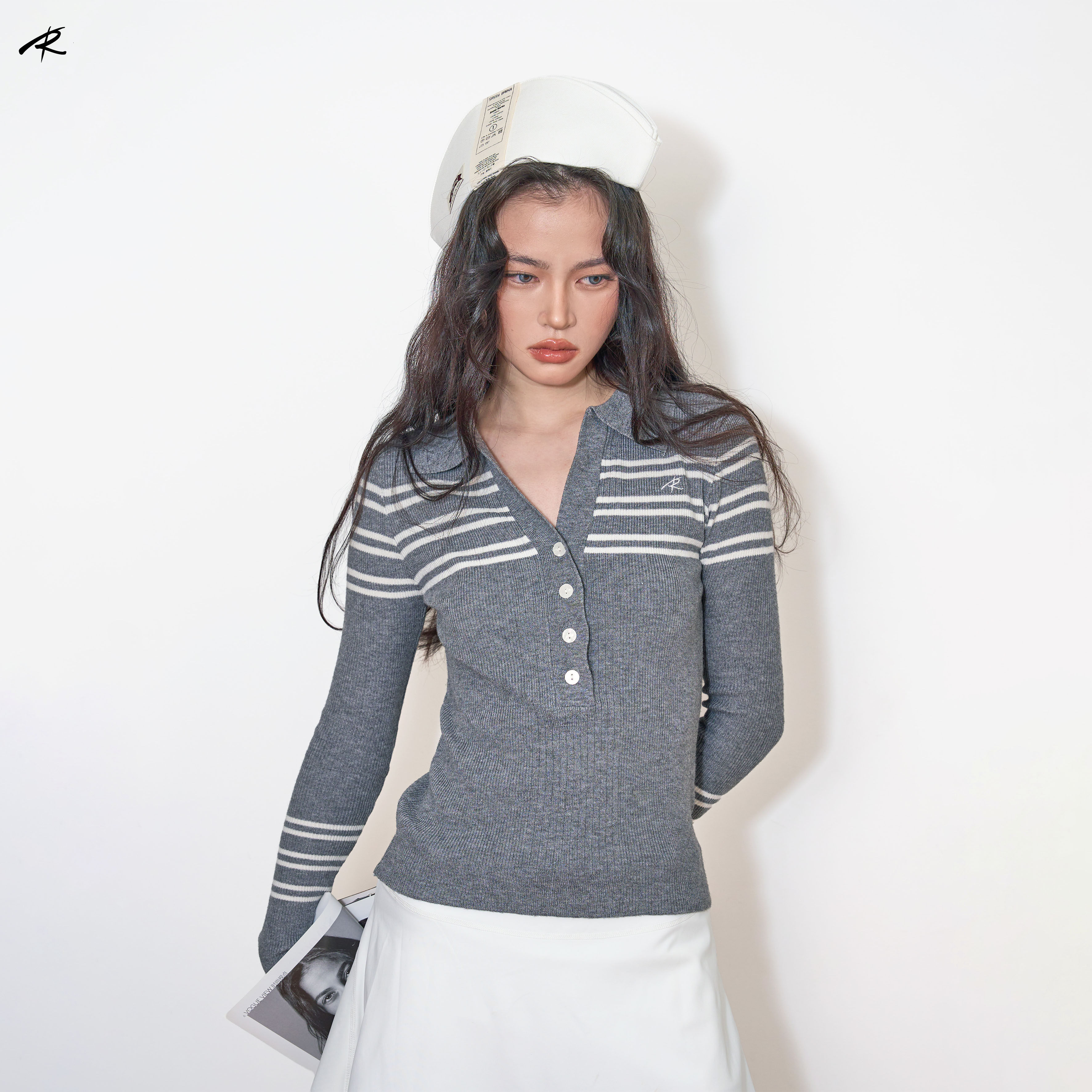 RIP THE TIE 灰色Polo打底衫春秋针织长袖V领显瘦百搭休闲上衣