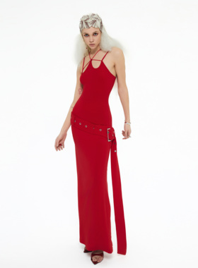 RIP THE TIE 圣诞派对约会仪式感大红色腰带设计假两件吊带连衣裙