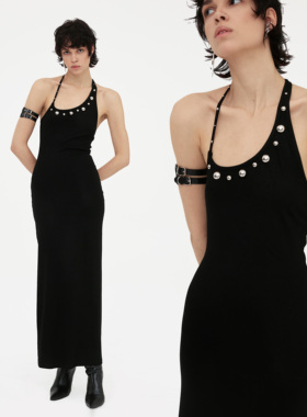 【原创正版】RIP THE TIE时髦酷铆钉连衣裙 百搭夏日黑色露背长裙
