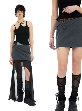 RIP THE TIE灰色蕾丝拼接短裙 西装领腰头灰色夏日休闲辣妹短裙