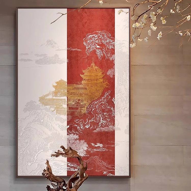 入户玄关立体浮雕挂画酒店过道壁画新中式山水楼阁大气装饰画图片