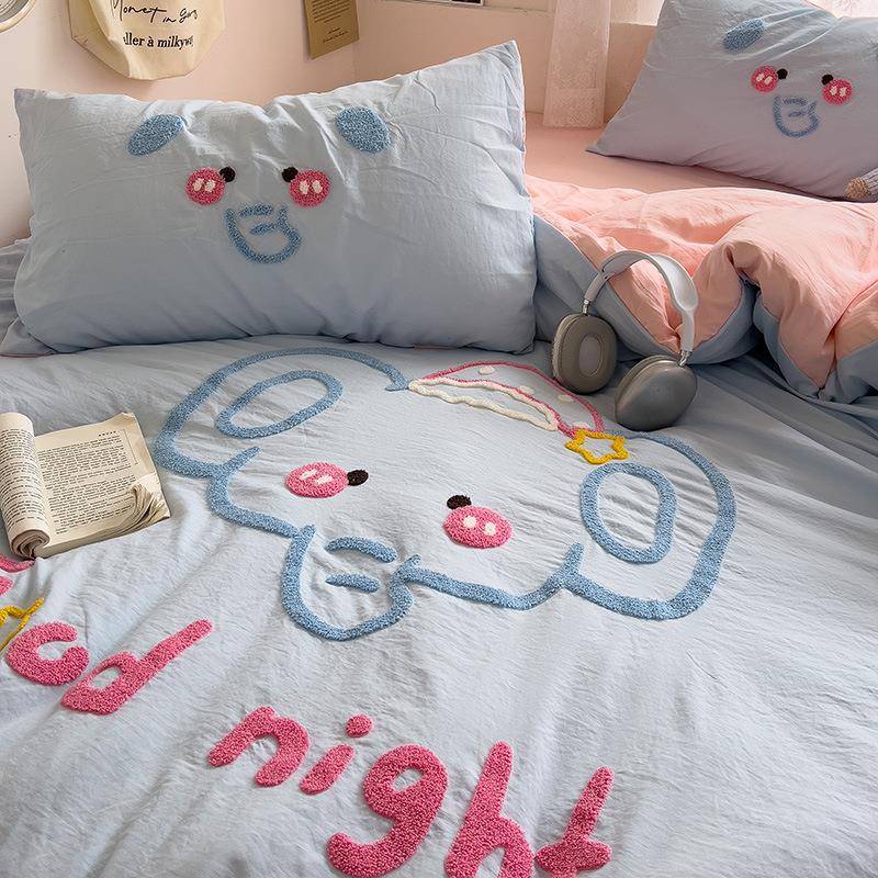 202新款四件套水洗套棉毛巾绣被生宿5舍学卡通动物床HMM单床上三