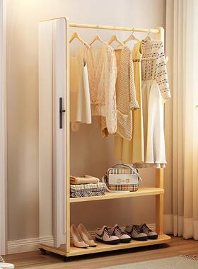 实木衣帽架落地镜卧室用衣家穿衣架57592镜一体入户进门多功能挂