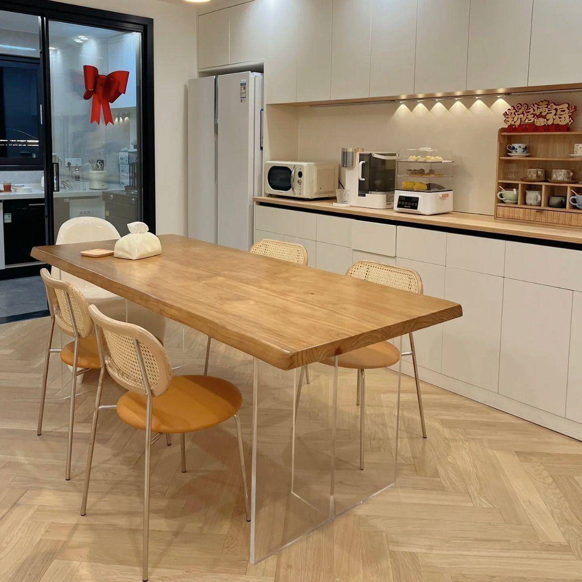 悬浮餐桌椅客木厅书桌电脑桌小户型吃饭长形实风木亚克060方力原