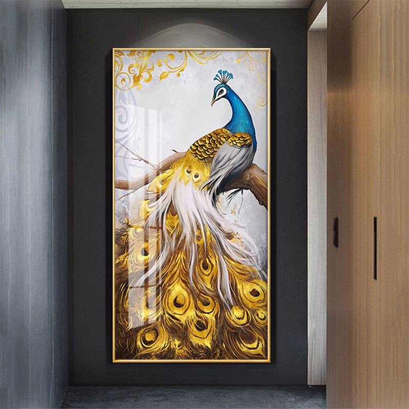 新中式入户轻奢画竖版玄关装饰画过道走廊玄幻画挂画壁画吉祥孔雀图片
