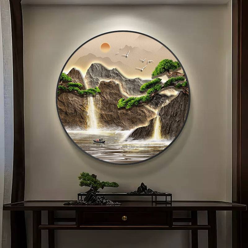 走廊迎客松玄关入户灯画正对门壁画山水中式新过装饰画道挂画圆形图片