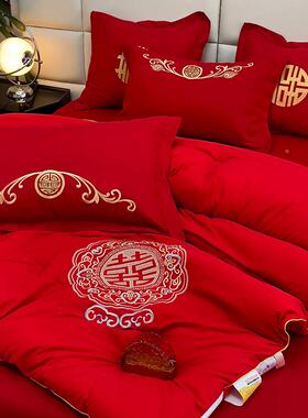 喜被大豆纤维加厚棉被红色中式刺绣结被子被婚冬OUS被芯婚庆床上