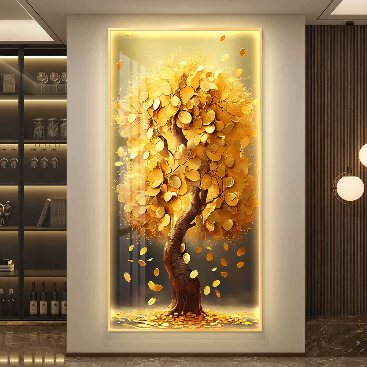轻奢入户玄关装饰画摇钱树led带灯壁画简约现代走廊过道竖版挂画图片