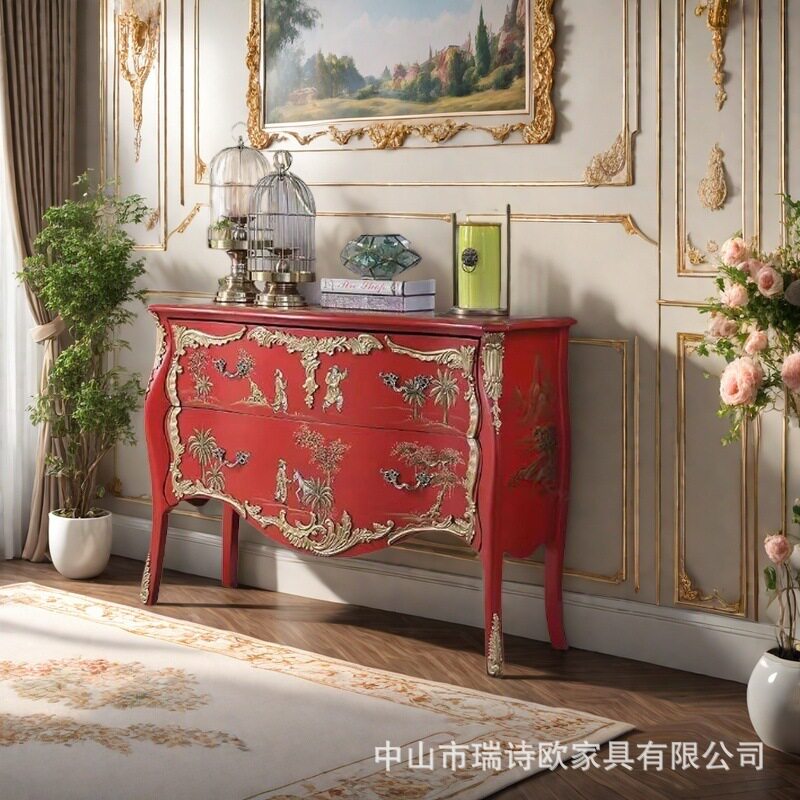 欧美法中式入户玄关柜宫廷复古雕刻彩绘装饰抽屉斗柜置储物柜实木