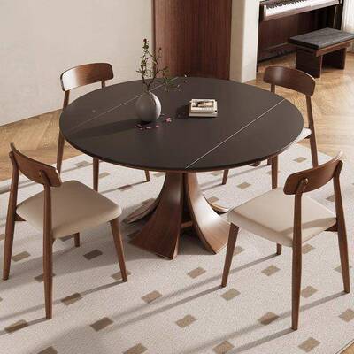 岩古板实木缩饭伸桌法式复方圆两用餐桌椅家小户用型UJU折叠餐厅